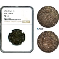AL124, Spain, Catalonia, Charles III, 2 Reales 1708, Barcelona Mint, Silver, NGC AU58