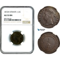 AL126, Straits Settlements, Victoria, 1/2 Cent 1872 H, Heaton Mint, NGC AU53BN