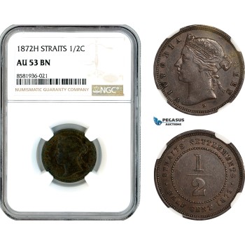 AL126, Straits Settlements, Victoria, 1/2 Cent 1872 H, Heaton Mint, NGC AU53BN