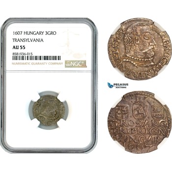 AL129, Transylvania, Stefan Bocskai, 3 Groschen 1607, Nagybanya Mint, Silver, NGC AU55