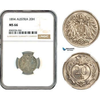 AL132, Austria, Franz Joseph, 20 Heller 1894, Vienna Mint, NGC MS66