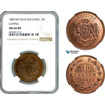 AL133, Bulgaria, Ferdinand I, ESSAI 10 Santim 1887 AB, Brussels Mint, Copper, KM-E3, NGC MS66 BN (RB in our opinion and SP strike), Top Pop! Very Rare!