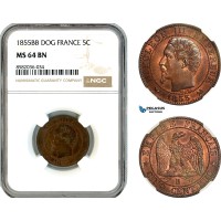AL138, France, Napoleon III, 5 Centimes 1855 B (Dog) Rouen Mint, NGC MS64BN, Slab Error as BB,Top Pop & Single finest graded!