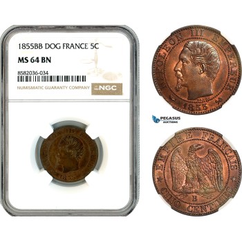 AL138, France, Napoleon III, 5 Centimes 1855 B (Dog) Rouen Mint, NGC MS64BN, Slab Error as BB,Top Pop & Single finest graded!
