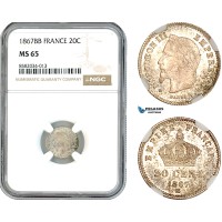 AL139, France, Napoleon III, 20 Centimes 1867 BB, Strasbourg Mint, Silver, NGC MS65