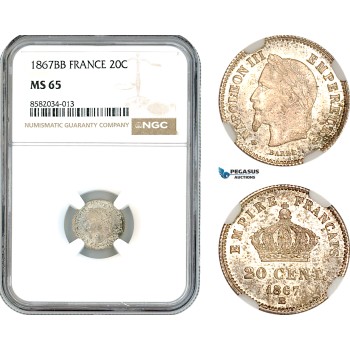 AL139, France, Napoleon III, 20 Centimes 1867 BB, Strasbourg Mint, Silver, NGC MS65