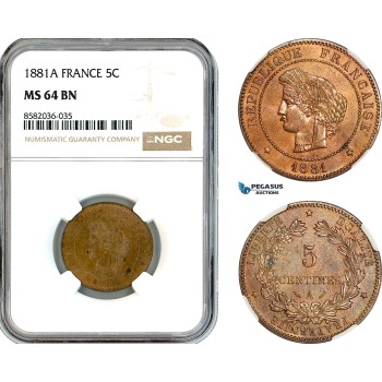AL141, France, Third Republic, 5 Centimes 1881 A, Paris Mint, NGC MS64BN, Top Pop!
