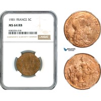 AL142, France, Third Republic, 5 Centimes 1901, Paris Mint, NGC MS64RB