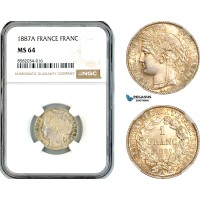 AL143, France, Third Republic, 1 Franc 1887 A, Paris Mint, Silver, NGC MS64