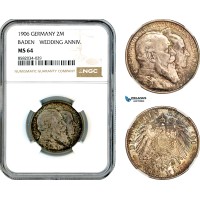 AL144, Germany, Baden, Friedrich, 2 Mark 1906, Wedding Anniv. Silver, NGC MS64