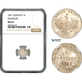 AL145, Germany, Frankfurt, 1 Kreuzer 1851, Billon, NGC MS65