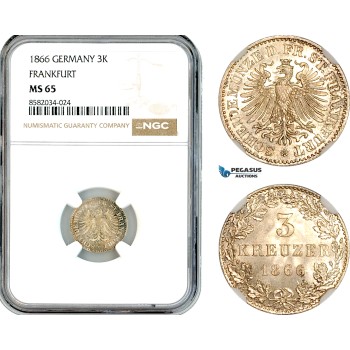 AL149, Germany, Frankfurt, 3 Kreuzer 1866, Billon, NGC MS65