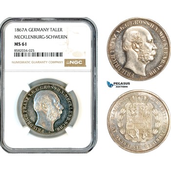 AL150, Germany, Mecklenburg-Schwerin, Friedrich Franz II, 1 Taler 1867 A, Berlin Mint, Silver, NGC MS61 (Prooflike)
