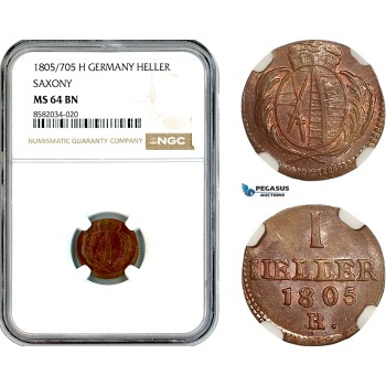 AL151, Germany, Saxony, Friedrich August III, 1 Heller 1805/705 H, Overdate, NGC MS64BN, Top Pop & Single finest graded!