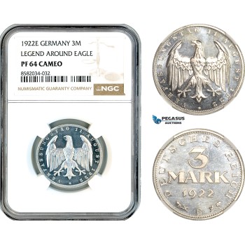 AL154, Germany, 3 Mark 1922 E, Weimar Constitution, Muldenhutten Mint, NGC PF64 Cameo