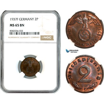 AL155, Germany, Third Reich, 2 Reichspfennig 1937 F, Stuttgart Mint, NGC MS65BN, Top Pop! AL155, Germany, Third Reich, 2 Reichspfennig 1937 F, Stuttgart Mint, NGC MS65BN, Top Pop!