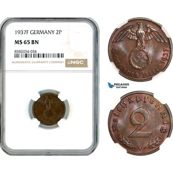 AL156, Germany, Third Reich, 2 Reichspfennig 1937 F, Stuttgart Mint, NGC MS65BN, Top Pop!