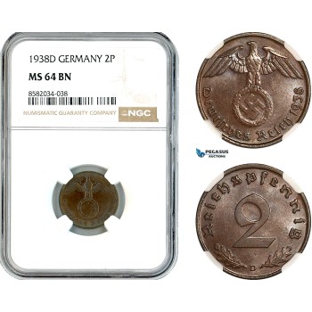 AL157, Germany, Third Reich, 2 Reichspfennig 1938 D, Munich Mint, NGC MS64BN