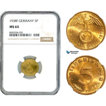 AL158, Germany, Third Reich, 5 Reichspfennig 1938 F, Stuttgart Mint, NGC MS64