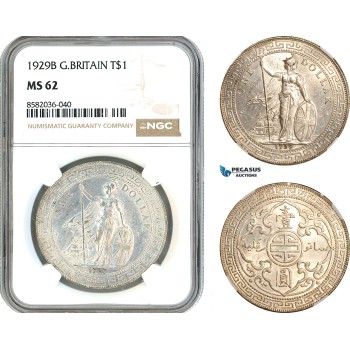 AL161, Great Britain, Trade Dollar 1929 B, Bombay Mint, Silver, NGC MS62