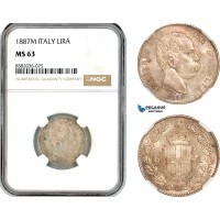 AL164, Italy, Umberto I, 1 Lira 1887 M, Milan Mint, Silver, NGC MS63