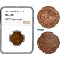 AL167, Netherlands, William III, 2 1/2 Cents 1880, Utrecht Mint, NGC MS64BN