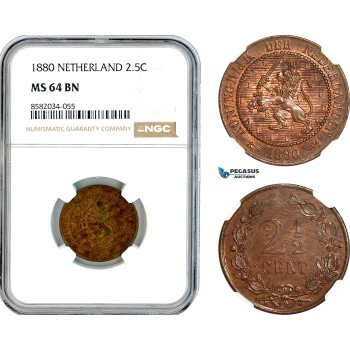 AL167, Netherlands, William III, 2 1/2 Cents 1880, Utrecht Mint, NGC MS64BN
