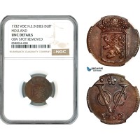 AL168, Netherlands East Indies, VOC, 1 Duit 1732, Holland Arms, NGC UNC Details