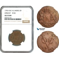 AL170, Netherlands East Indies, VOC, 2 Duit 1790, Utrecht Arms, Star, NGC AU55BN