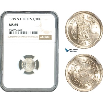 AL173, Netherlands East Indies, Wilhelmina, 1/10 Gulden 1919, Utrecht Mint, Silver, NGC MS65