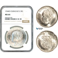 AL174, Netherlands Antilles, Curacao, Wilhelmina, 2 1/2 Gulden 1944 D, Denver Mint, Silver, NGC MS64