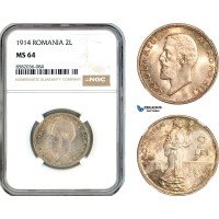 AL179, Romania, Carol I, 2 Lei 1914, Silver, NGC MS64