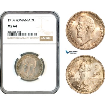 AL179, Romania, Carol I, 2 Lei 1914, Silver, NGC MS64