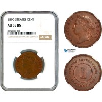 AL185, Straits Settlements, Victoria, 1 Cent 1890, London Mint, NGC AU55BN