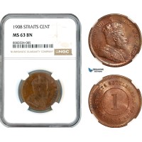 AL186, Straits Settlements, Edward VII, 1 Cent 1908, Calcutta Mint, NGC MS63BN