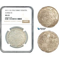AL187, Turkey, Ottoman Empire, Ahmed III, 1 Zolota AH1115 (1703) Islambul Mint, Silver, NGC MS65