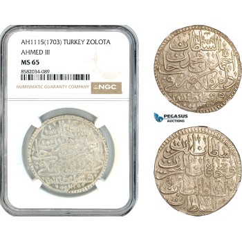 AL187, Turkey, Ottoman Empire, Ahmed III, 1 Zolota AH1115 (1703) Islambul Mint, Silver, NGC MS65