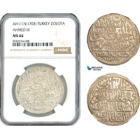 AL188, Turkey, Ottoman Empire, Ahmed III, 1 Zolota AH1115 (1703) Islambul Mint, Silver, NGC MS66, Top Pop & Single finest graded!
