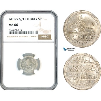 AL189, Turkey, Ottoman Empire, Mahmud II, 5 Para AH1223//11, Kostantiniye Mint, Silver, NGC MS66, Top Pop & Single finest graded!