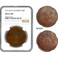 AL191, Turkey, Ottoman Empire, Abdülmecid, 40 Para AH1255//18, Kostantiniye Mint, NGC MS61BN
