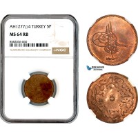 AL192, Turkey, Ottoman Empire, Abdülaziz, 5 Para 1277//4, Kostantiniye Mint, NGC MS64RB