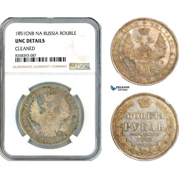 AL196, Russia, Nicholas I, 1 Rouble 1851 СПБ-ПA, St. Petersburg Mint, Silver, NGC UNC Details