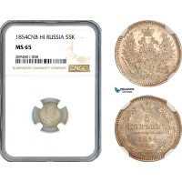 AL197, Russia, Nicholas I, 5 Kopeks 1854 СПБ-HI, St. Petersburg Mint, Silver, NGC MS65