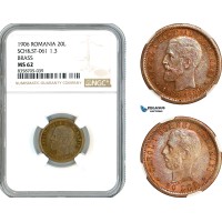 AL213, Romania, Carol I, Pattern 20 Lei 1906 (40th Anniversary), Brussels Mint, Brass, Schäffer/Stambuliu 061-1.3, NGC MS62