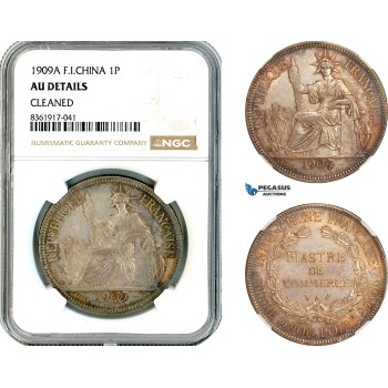 AL215, French Indo-China, 1 Piastre 1909 A, Paris Mint, Silver, NGC AU Details