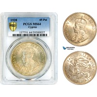AL217, Cyprus, George V, 45 Piastres 1928, London Mint, Silver, PCGS MS64