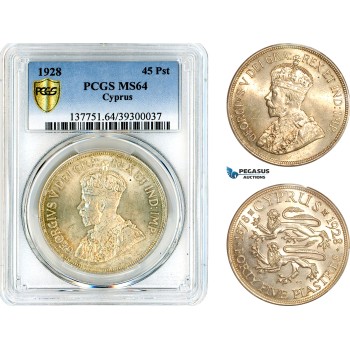 AL217, Cyprus, George V, 45 Piastres 1928, London Mint, Silver, PCGS MS64