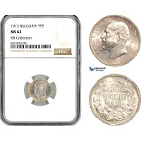 AL220, Bulgaria, Ferdinand I, 50 Stotinki 1913, Silver, KB Collection, NGC MS62