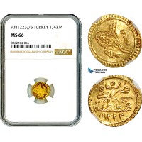 AL232, Turkey, Ottoman Empire, Mahmud II, 1/4 Zeri Mahbub AH1223//5, Konstantiniyyie Mint, Gold, NGC MS66