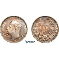 AL236, Bulgaria, Ferdinand I, 1 Lev 1891 KB, Kremnitz Mint, Silver, Cleaned in the past, AU